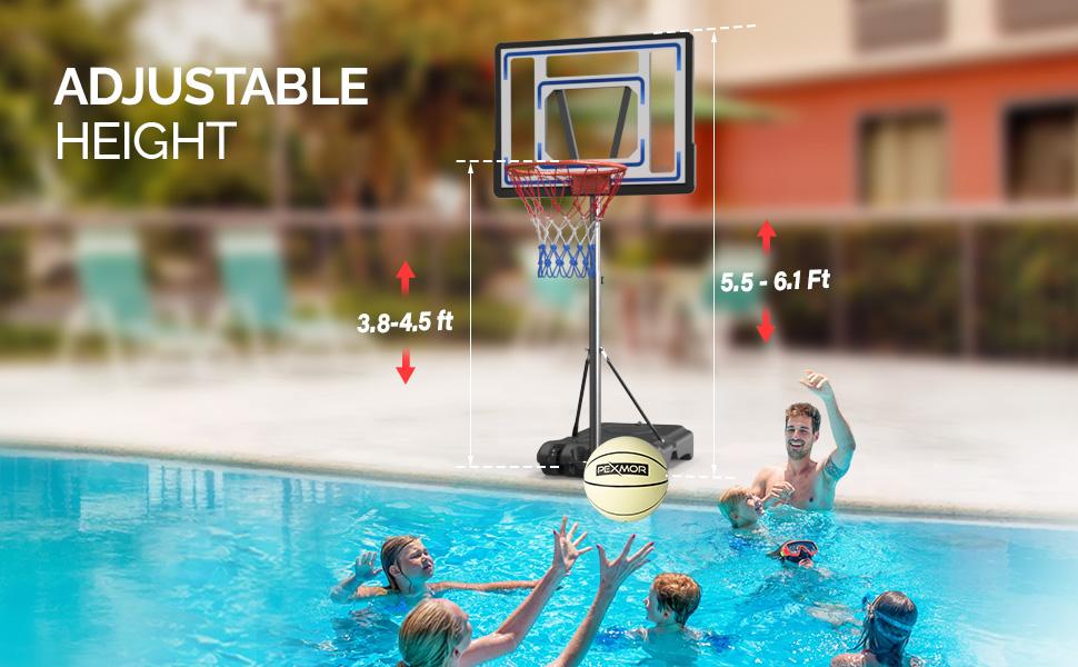 Poolside Basketball Hoop, Adjustable Height 45"-53" Swimming Pool Basketball System with 32" X 23" PVC Backbord 2 Basketball Nets for Both Teens and Adults