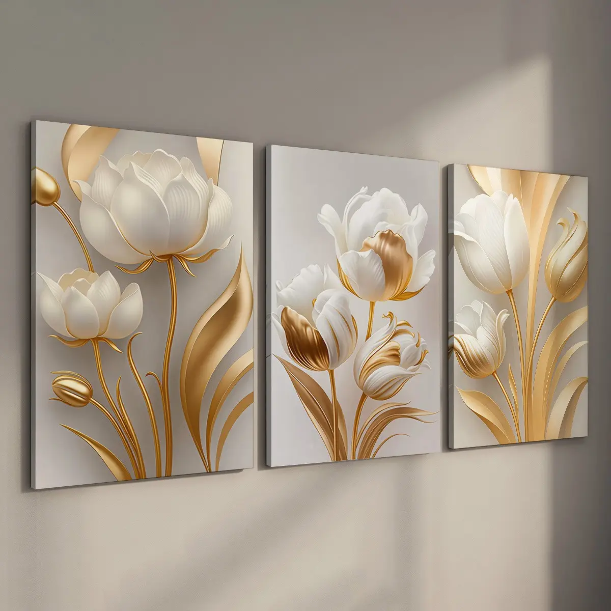 [Ready to Hang] 3Pcs Elegant Spring Floral Wall Art, Home Wall Decor, Modern Abstract Artistic Flower Canvas Prints, Gallery Wrapped Botanical Decor for Living Room & Bedroom, Aesthetic Housewarming Gift Set Decoration Items