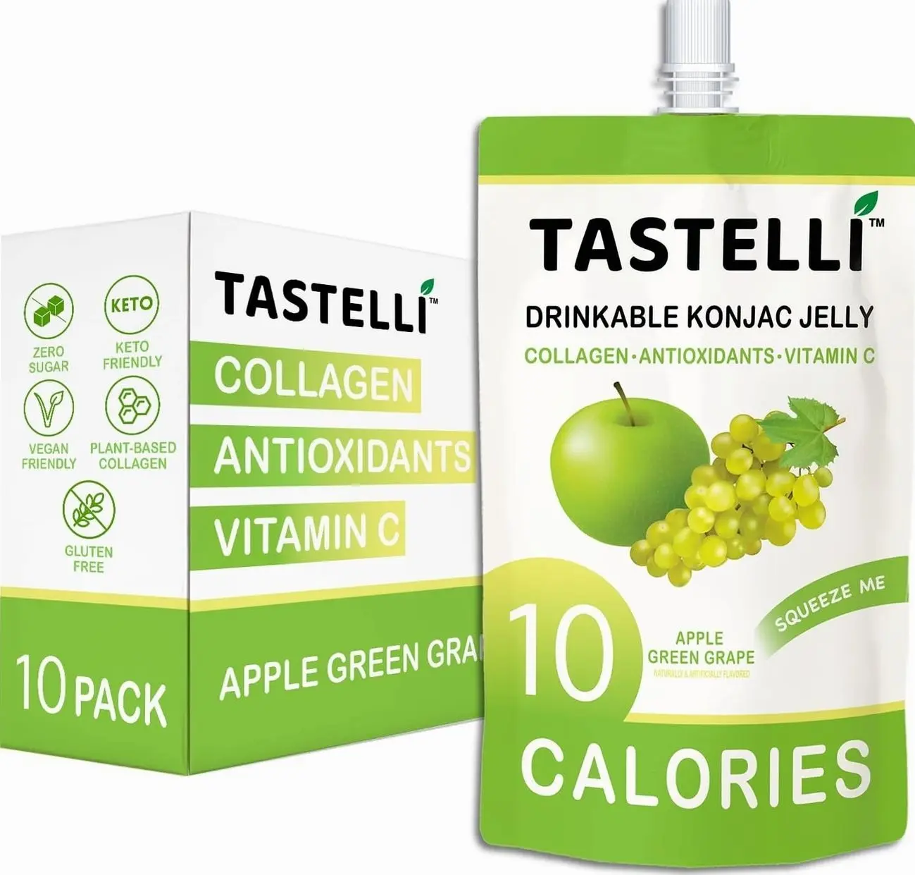 Tastelli Konjac Jelly Infused with Collagen & Vitamin C | Gluten Free, Sugar Free, Low Calorie | Vegan Drinkable Fruit Jelly Snack | Apple Green Grape | 150mL x 10 Pouches