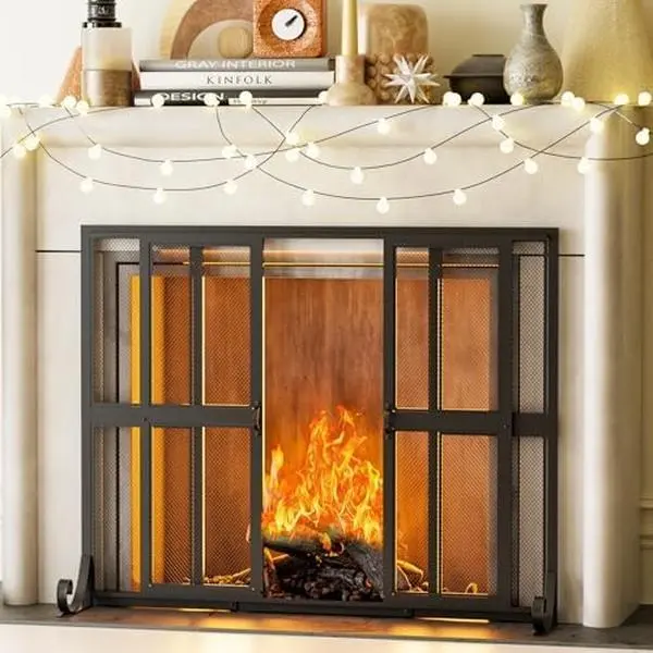 Handcrafted Large Wrought Iron Fireplace Screen with Sliding Doors, 37.8" W x 30.7" H Modern Scrollwork Spark Guard, Easy-Install Rust-Resistant Metal Pet Protector with Manufacturer Warranty, Adjustable Removable Living Room Ember Shield