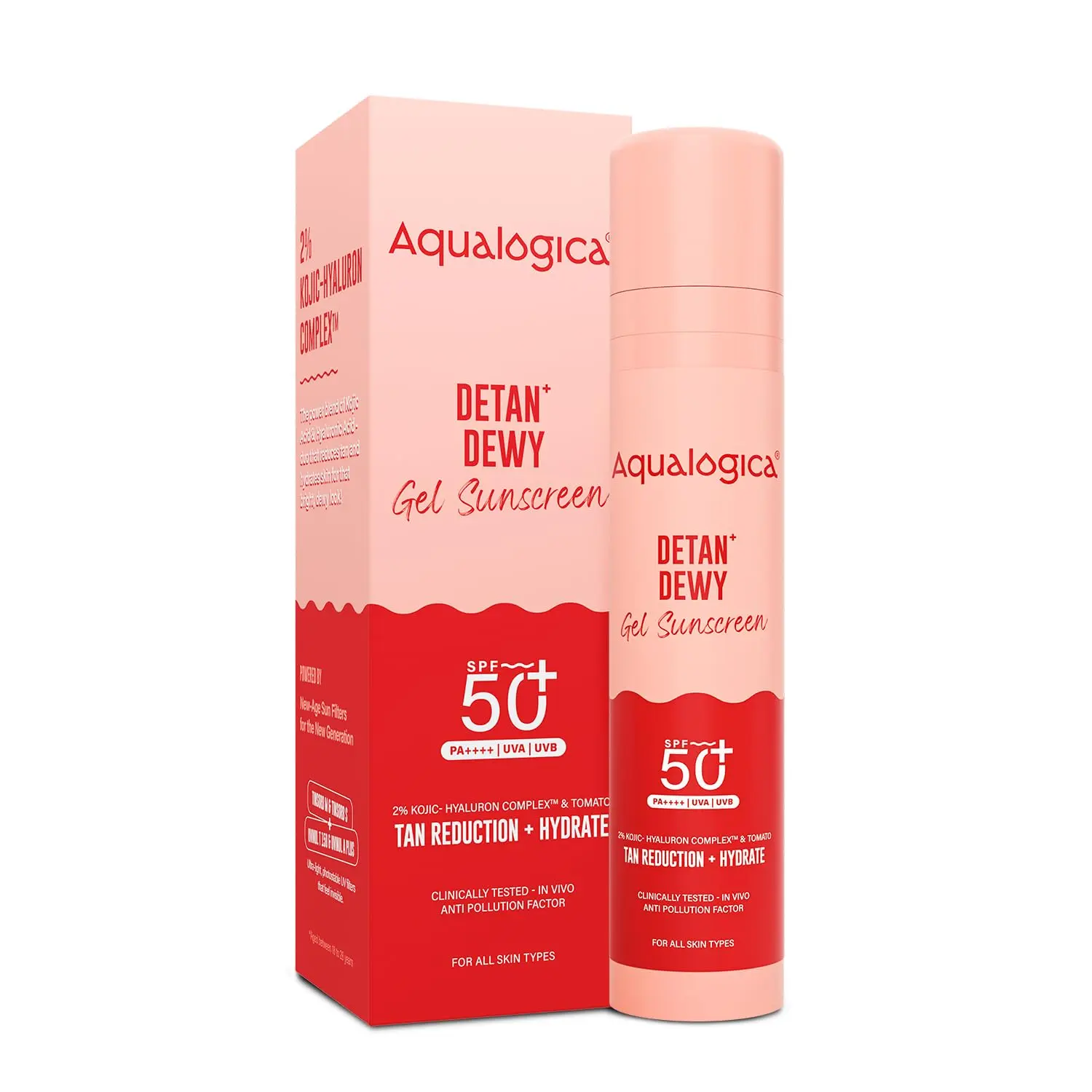 Aqualogica Detan+ Dewy Sunscreen SPF 50+ PA++++ with Cherry Tomato & HA - 50 g Broad Spectrum SPF 50+ PA++++ UVA/B & Blue Light Protection Anti-Pollution Factor (APF) Technology
