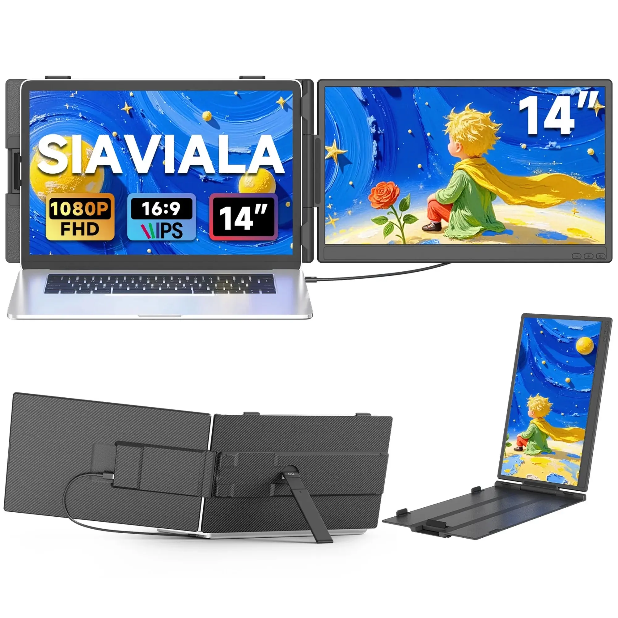 Siaviala 14" Laptop Screen Extender, Portable Monitor for Laptops 13-17.3", 1080P FHD IPS Dual Screen Monitor for Laptop with USB-C/HDMI, Screen Extender Portable Laptops with Plug&Play for Mac/Android/Chrome computer accessory