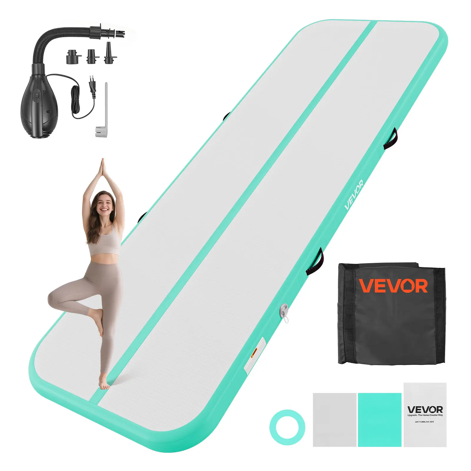 【SummerFinds】VEVOR Inflatable Gymnastics Air Mat 10 ft Training Mats w/ Electric Pump, 4 inches Thick Sturdy Tumble Track, Tumbling Mat for Home Use/Gym/Outdoor/Yoga/Cheerleading/Beach/Park/Water, Mint Green