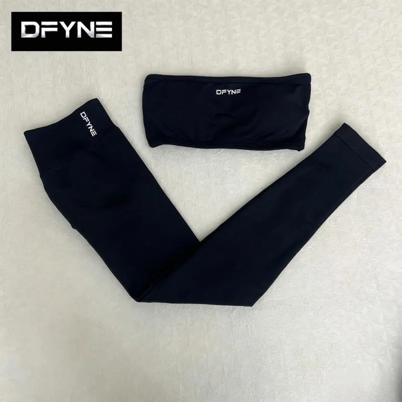 DFYNE Women's Seamless 2 Piece Workout Set - Strapless Sports Bra Padded Tube Top & High Waisted Leggings Matching Gym Outfit