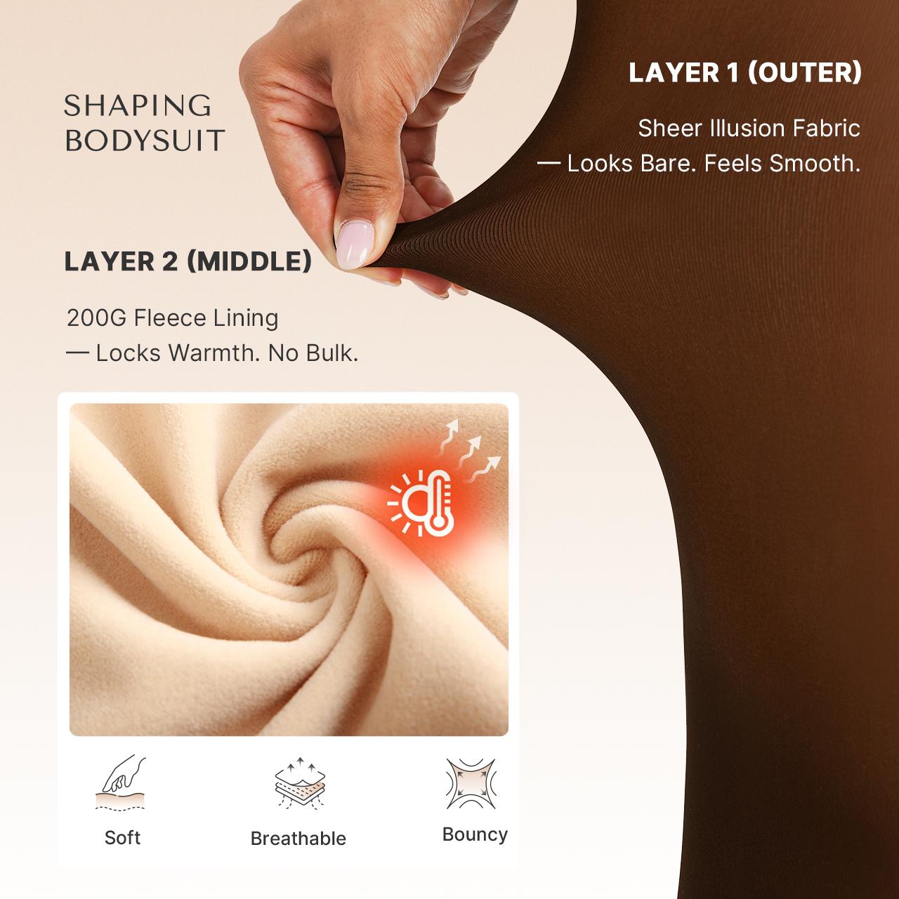 SHAPELLX CozyShape Sheer-Panel with Fleece Lined Tights Stay-Warm Tummy Control Sheer Effect Tights Bodysuit Black Basic