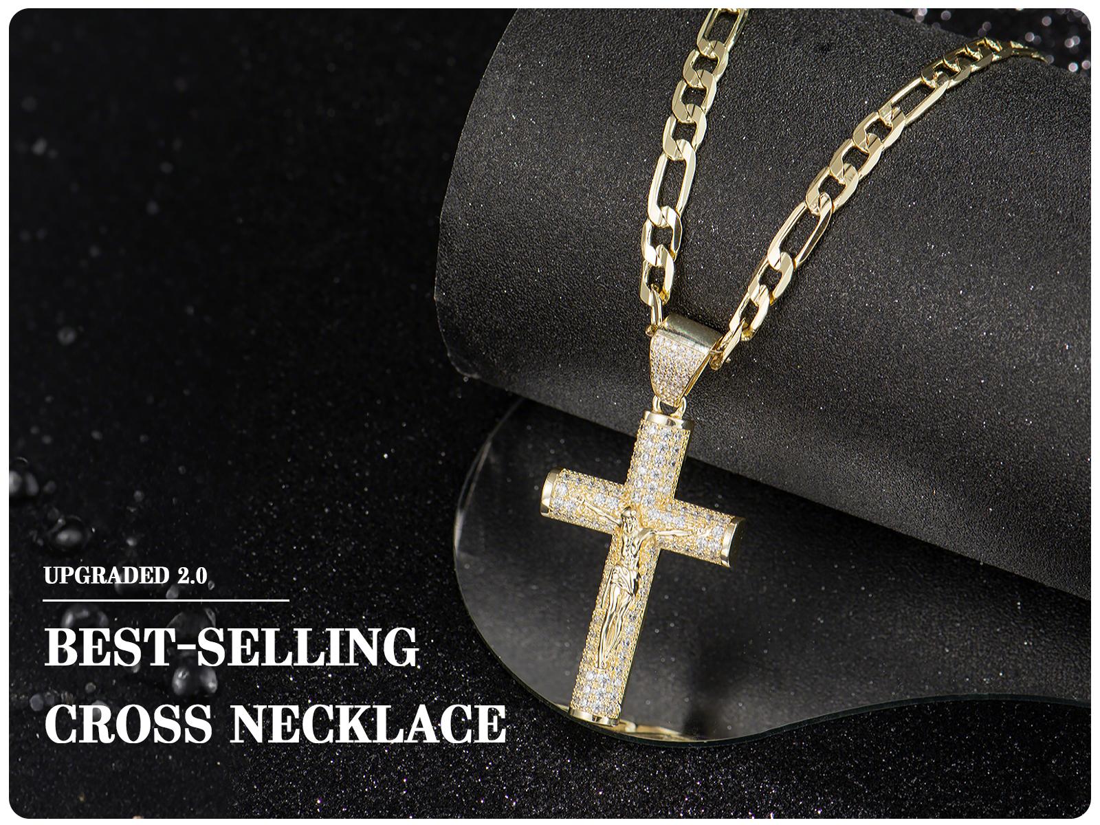 Holylegend 14K Real Gold-Plated Cross Necklace for Men, Advanced Nanotech Tarnish-Free Rope Miami Cuban Figaro Chains with Jesus Crucifix Pendant, 24” Long , Christian Religious Jewelry Gift