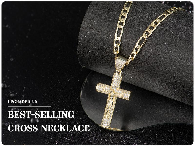 Holylegend 14K Real Gold-Plated Cross Necklace for Men, Advanced Nanotech Tarnish-Free Rope Miami Cuban Figaro Chains with Jesus Crucifix Pendant, 24” Long , Christian Religious Jewelry Gift