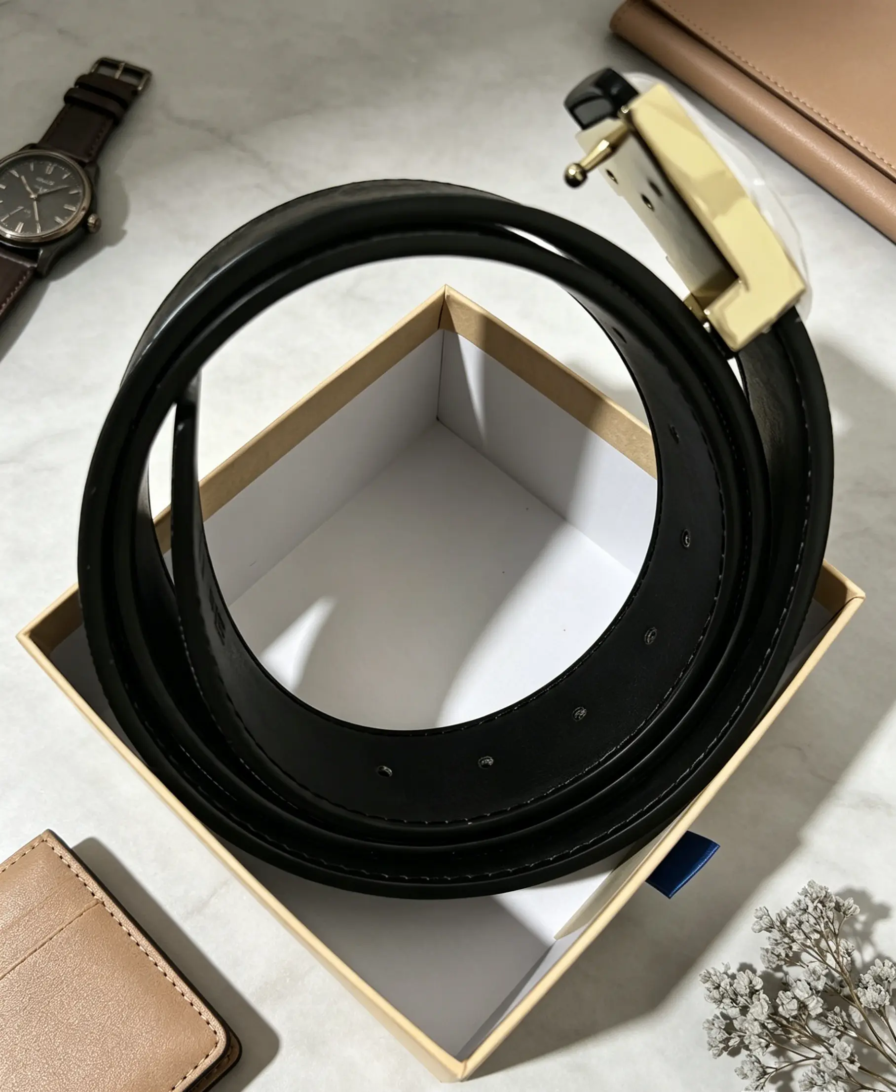 Men's Dark Checkered Leather Belt with Polished Gold Square Buckle, Adjustable Size Formal Strap for Business and Office Wear, Belts, Men's Clothing, Male Belt