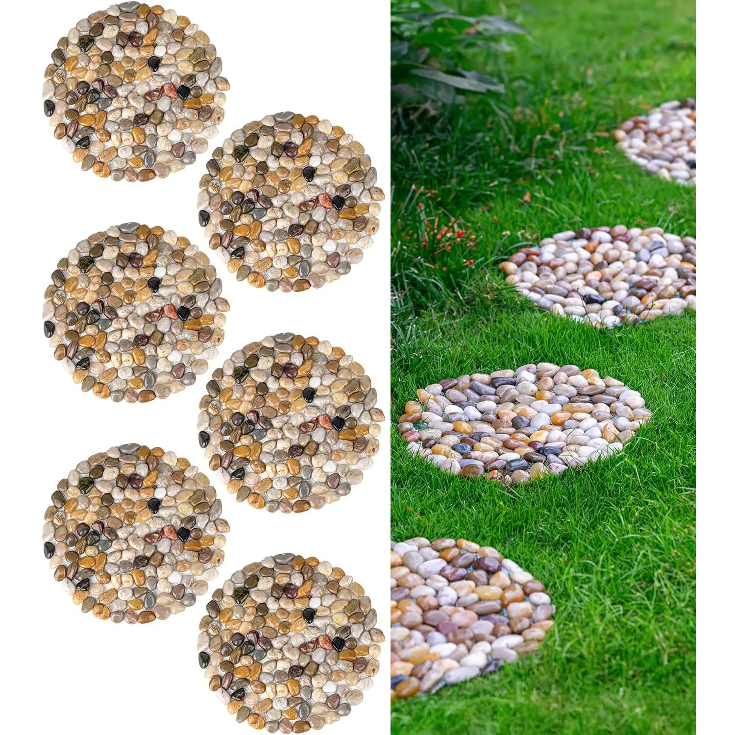 6 count River Rock Stepping Stones Outdoor, 12 Inch Diameter Round Pavers Pebbles Polished Gravel for Garden Walkway