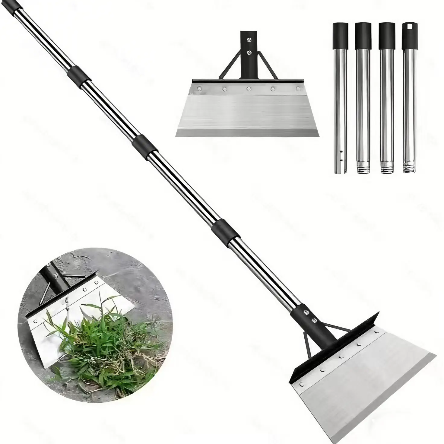 Heavy-Duty Alloy Steel Shovel Pusher - 60" Adjustable Ergonomic Long Handle, Rust-Proof Durable Metal Blade, Detachable Parts Metallic Shovel for Ice Snow Removal, Lawn Edging, Durable Metal Shovel