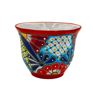 Mexican Talavera "Japonesa Planter" Pot Hand Painted - Red Trim