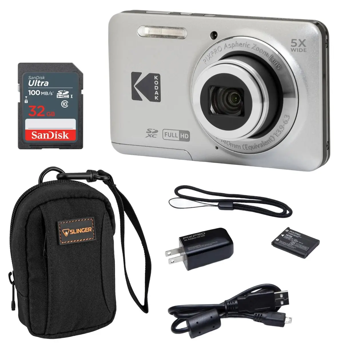 Kodak PIXPRO FZ55 Portable Friendly Zoom Digital Point & Shoot Camera - Silver, Rechargeable High Definition with LCD Screen, HD Video, SD Card & Camera Bag, Digital Point & Shoot Cameras