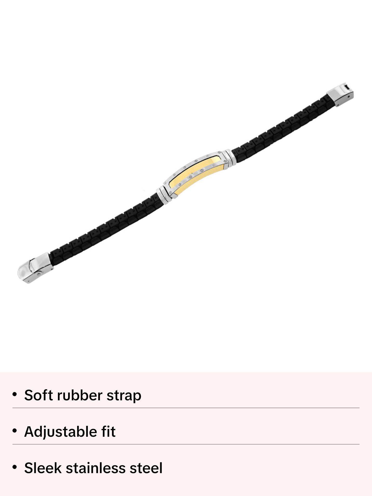 Stainless Steel Black Rubber Silicone Yellow Gold Silver-Tone Men's Bracelet