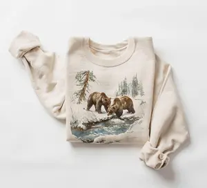Retro Grizzly Bears Wilderness Scene Sweatshirt, Nineties 90s Vintage Brown Bear Outfit, Bears Shirt, Animal Shirt, Vintage Nature Graphic Tee, Unisex Cotton Crewneck Sweatshirt Menswear Womenswear Streetwear Top