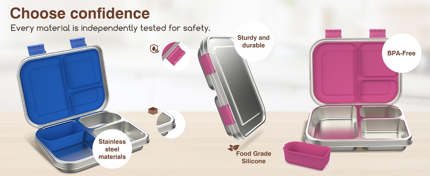 PAWTONG Stainless Steel Kids Leak-Resistant Bento Lunch Box, 3-Compartments with Silicone Container, Dishwasher-Safe, Child-Friendly Design for School, Picnics & Travel,BPA-Free