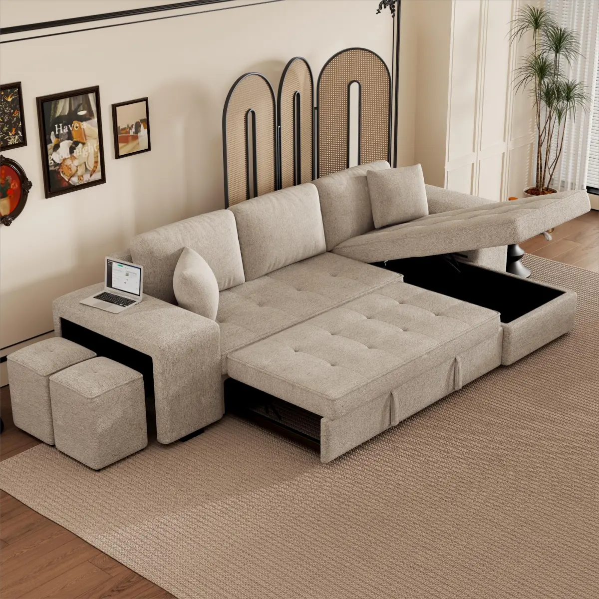[Bellemave] 104.5" Modern L-Shape 3 Seat Reversible Sectional Couch, Pull Out Sleeper Sofa with Storage Chaise and 2 Stools for Living Room Furniture Set