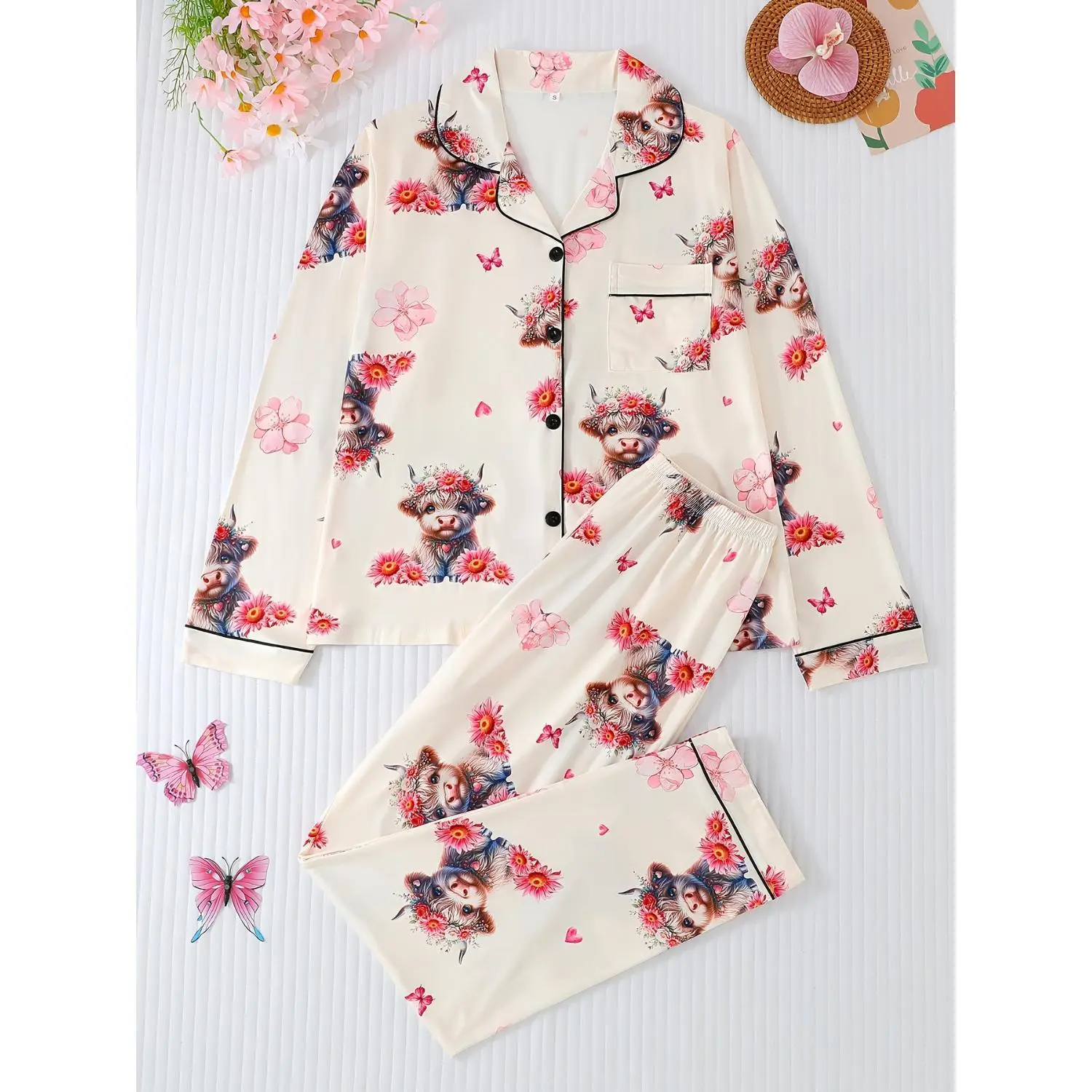 2pcs Valentine's Day Casual Cartoon Cow & Flower Pattern Women's Pajama Set, Lapel Button-Up Long-Sleeve Top and Comfortable Long Pants, Elegant Women's Sleepwear Loungewear Suitable for All Seasons