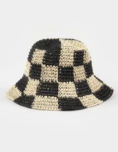 Checkered Straw Bucket Hat, Cream & Black