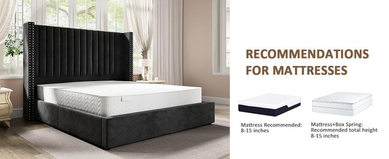 AMERLIFE Bed Frame with Headboard Lift Up Storage Bed, Velvet Upholstered Bed Frame With Channel Tufted Wingback Headboard/Christmas Gift/Best Gift Ideas