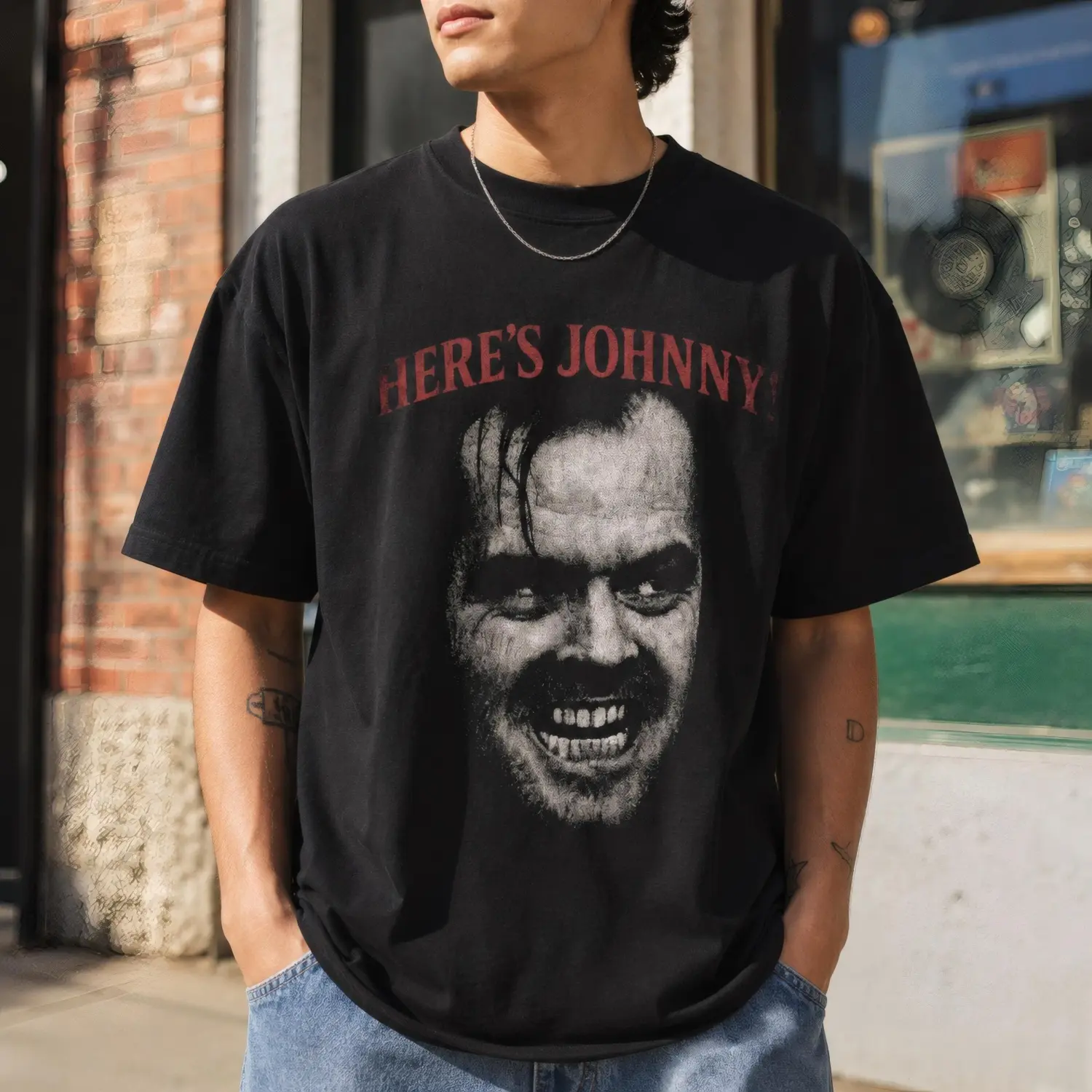 Unisex Top 1PC The Shinings Jack Nicholsons Heres Johnnys Stanley Kubricks Vintage Retro Movie Portrait Black Graphic Men Women's Tshirt