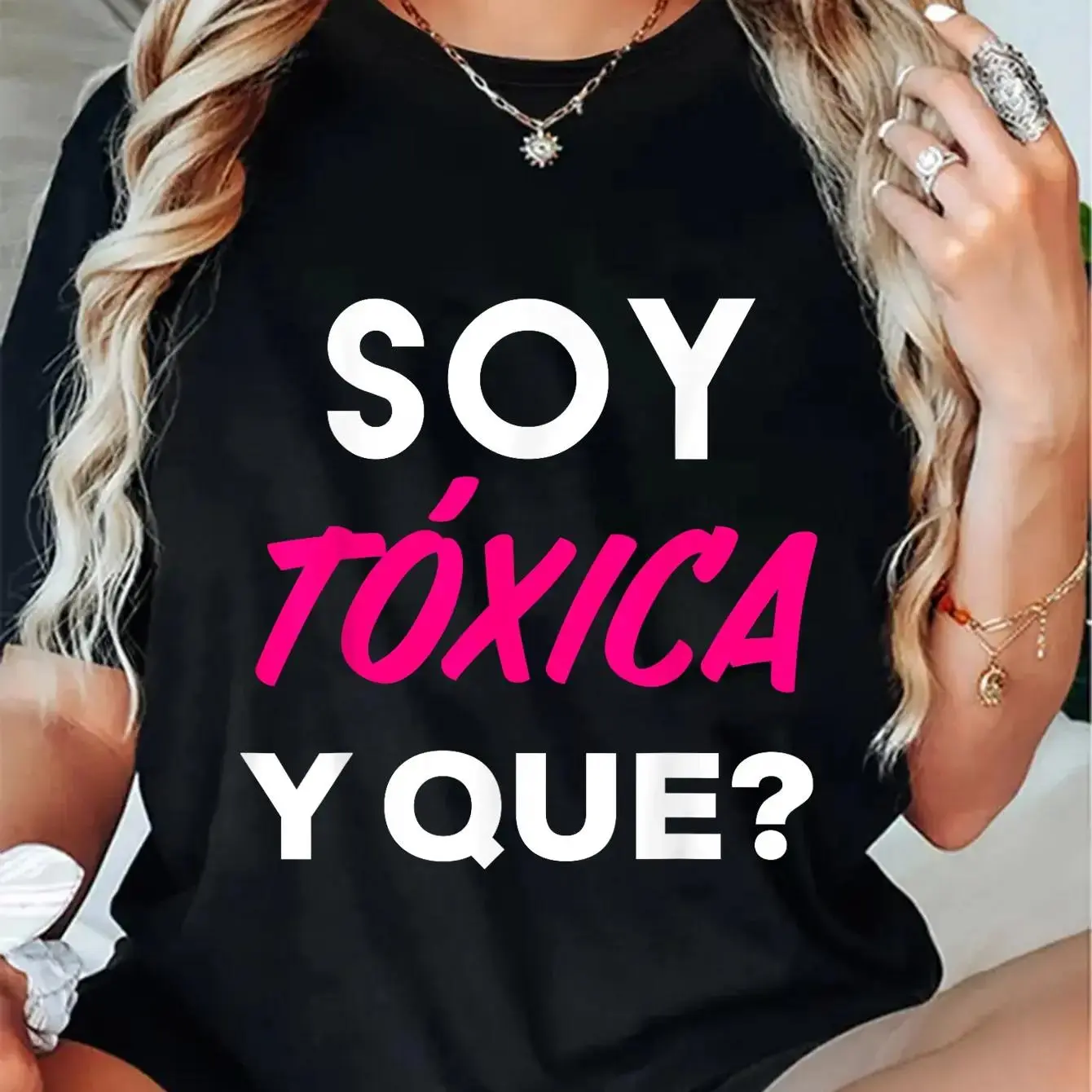 Women's Baggy Badass Print T-shirt, Short-Sleeve Pure Cotton Tops with 'Toxica Y Que?' Spanish Quote Graphic, T Shirt-7