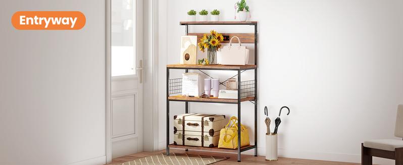 Kitchen Bakers Rack with Power Outlet, Coffee Bar Table 4 Tiers, Kitchen Microwave Stand with 6 S-shaped Hooks, Storage Shelf Rack for Spices, Pots and Pans