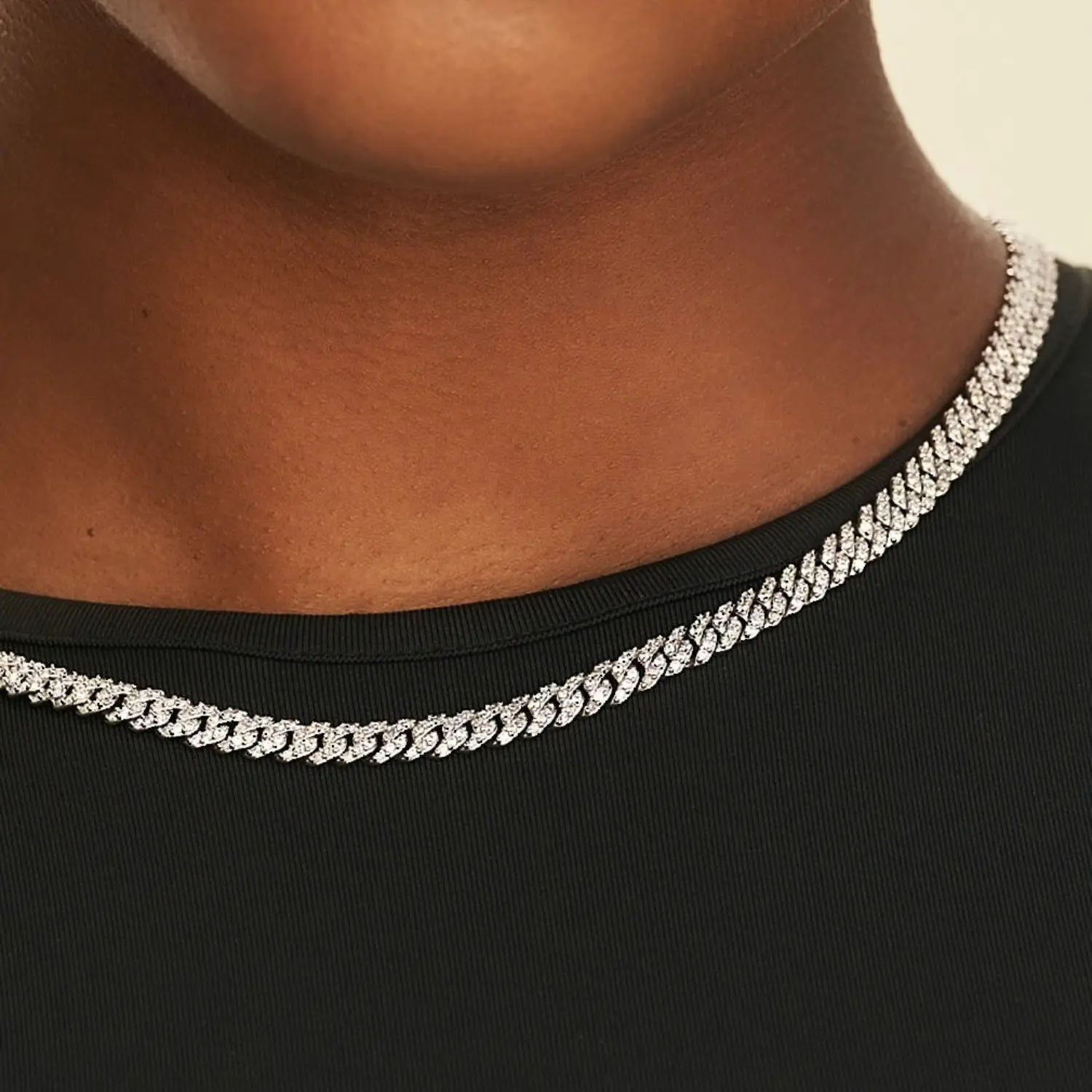 Micro Diamond Prong Cuban Necklace in 18k White Gold Plated- 6mm - Lifetime Guarantee, Perfect Gift