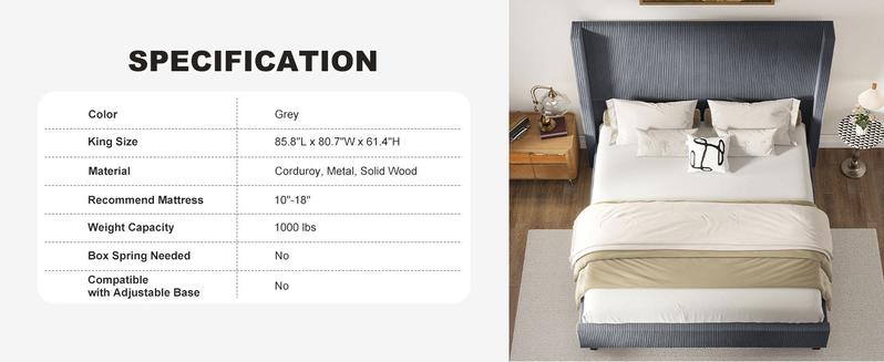 AMERLIFE 61" Corduroy Upholstered Bed Frame, Platform Bed with Vertical Stripe Wingback Headboard, No Box Spring Needed/Unique Bedroom Furniture