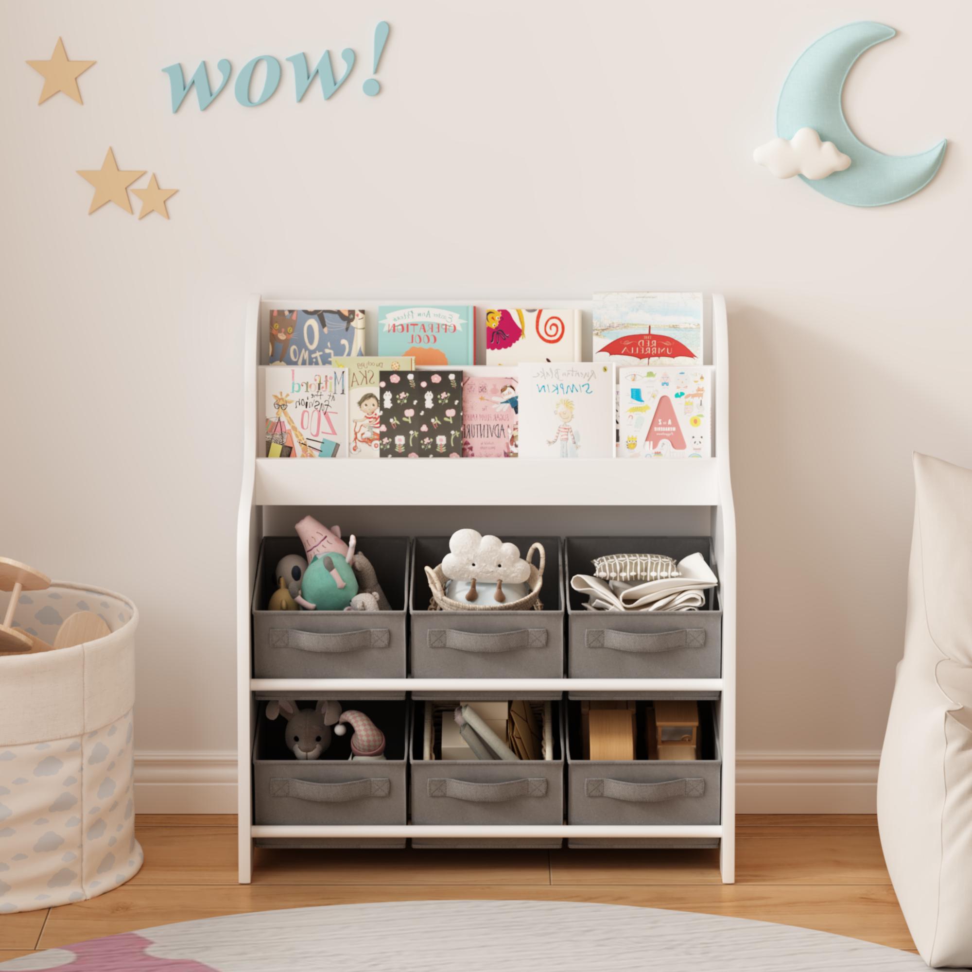 Kids Bookshelf with 6 Fabric Storage Bins, Multi-Functional Children's Bookcase and Toy Organizer, Front-Facing Display Shelf for Playroom, Bedroom or Nursery - White & Gray