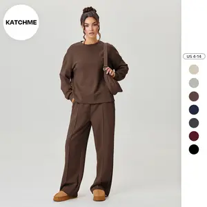 KatchMe Women's Basic Solid Color Long Sleeve Top & Exposed Stitches Wide Leg Trousers Co-ord, Casual Lightweight Loose Two Piece Outfits
