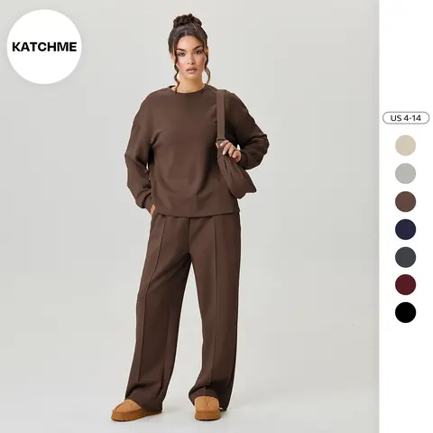 KatchMe Women's Basic Solid Color Long Sleeve Top & Exposed Stitches Wide Leg Trousers Co-ord, Casual Lightweight Loose Two Piece Outfits