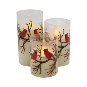 LumaBase Battery Operated Red Cardinal Hurricane Candles Set of 3 with Flickering Amber LED Light Timer Function Indoor Decoration Accessories