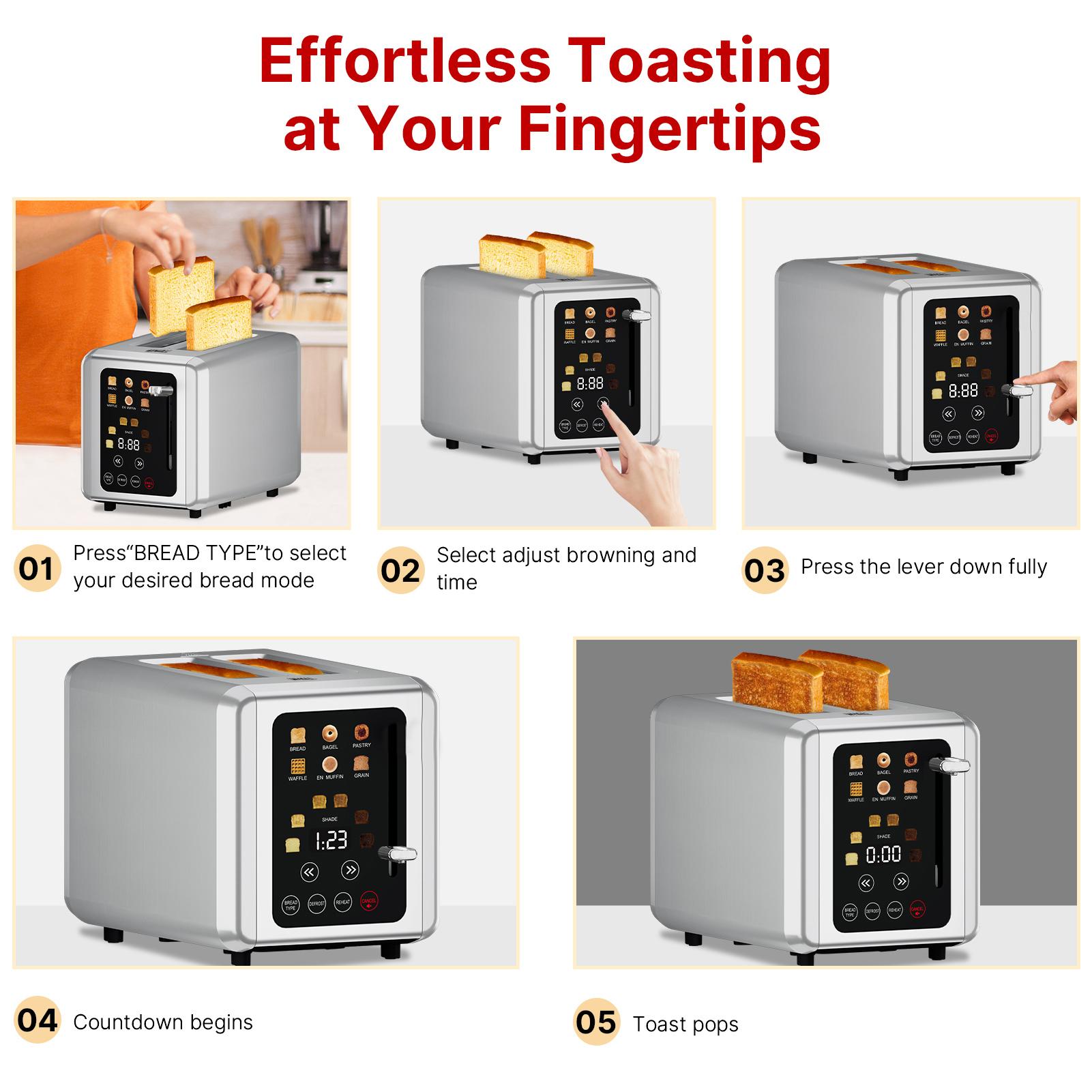 Whallultra Touch Screen Toaster 2 Slice, Stainless Steel Digital Timer Toasters with Sound Function, Smart Extra Wide Slots Toaster with Bagel, Cancel, Defrost (silver) Whallultra Touch Screen Toaster 2 Slice, Stainless Steel Digital Timer Toasters with Sound Function, Smart Extra Wide Slots Toaster with Bagel, Cancel, Defrost (silver)