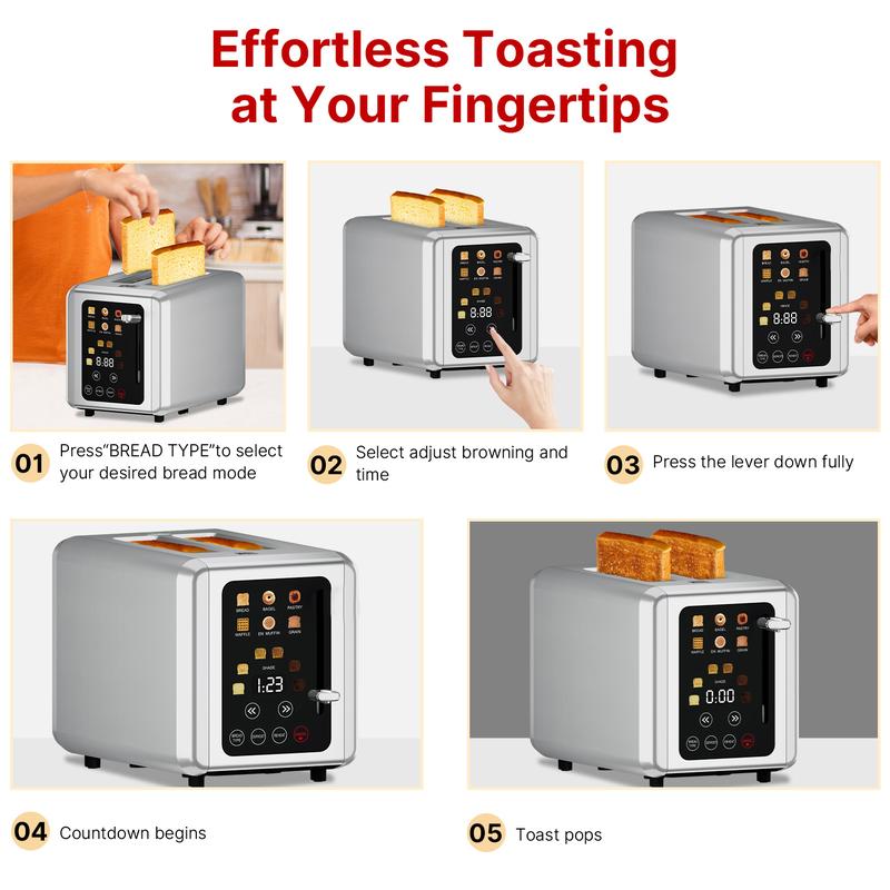 Whallultra Touch Screen Toaster 2 Slice, Stainless Steel Digital Timer Toasters with Sound Function, Smart Extra Wide Slots Toaster with Bagel, Cancel, Defrost (silver)