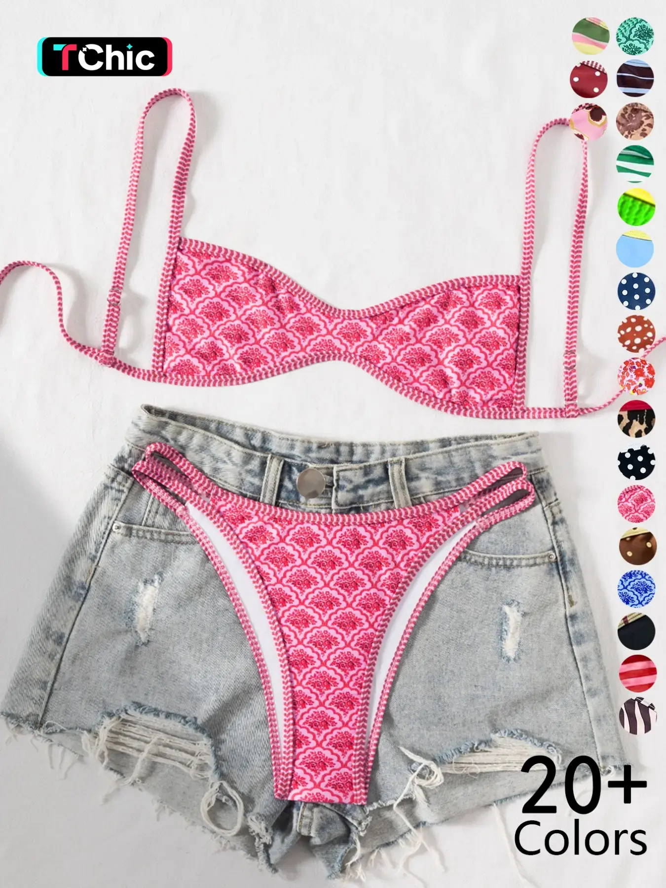 Two-Piece Set Women's Floral Print Bikini Set, Casual Fashion Chic Swimsuit Set for Beach Holiday Vacation, Ladies Summer Clothes Flower Print Bikini, Stretchy Swimsuit Bikini