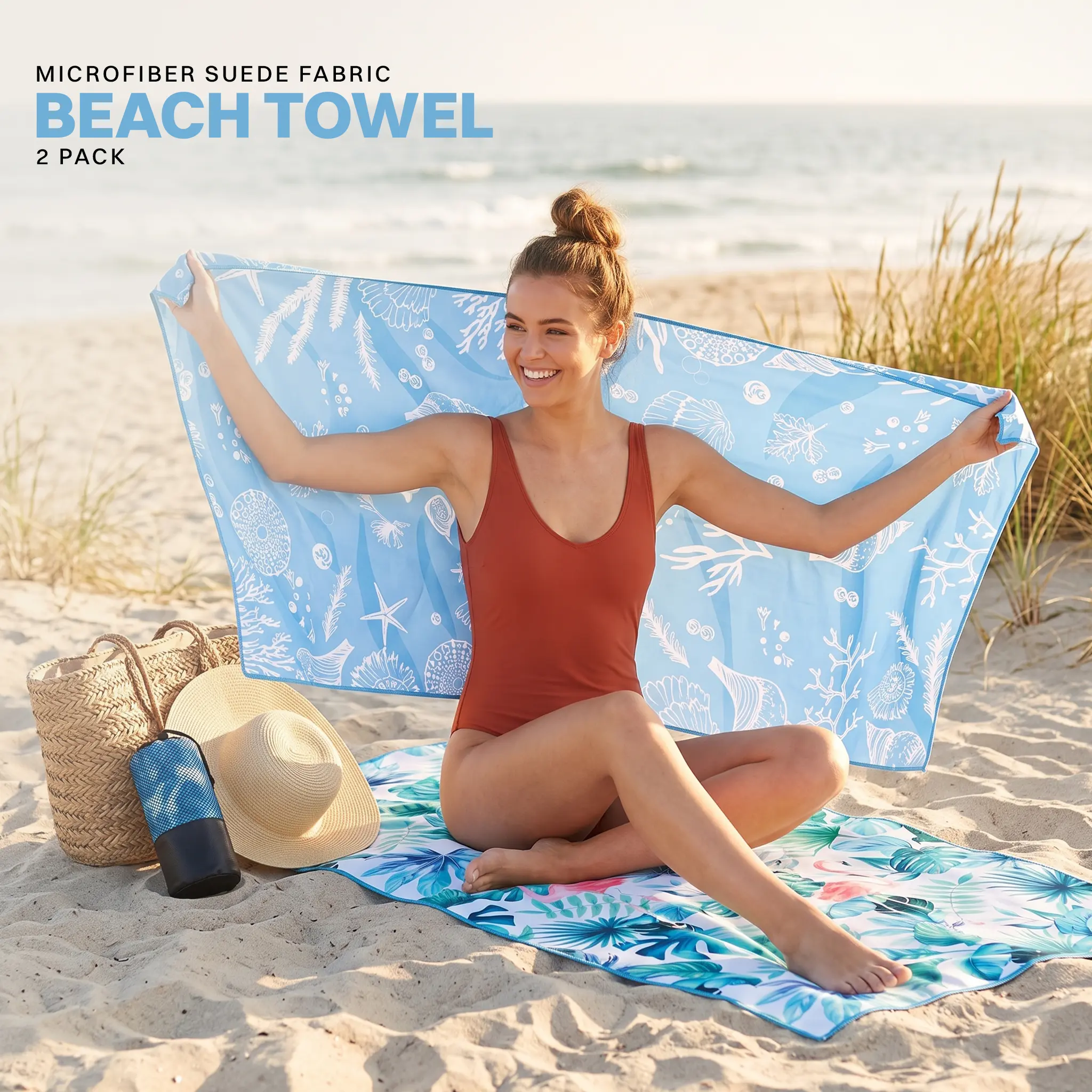 Utopia Towels - 2 Pack Microfiber Lightweight Beach Towel (32 x 71 Inches) - Oversized, Thin Compact, Sand Free & Quick-Dry, Prewashed for Soft Feel Large Towel (Flamingo, Marine)