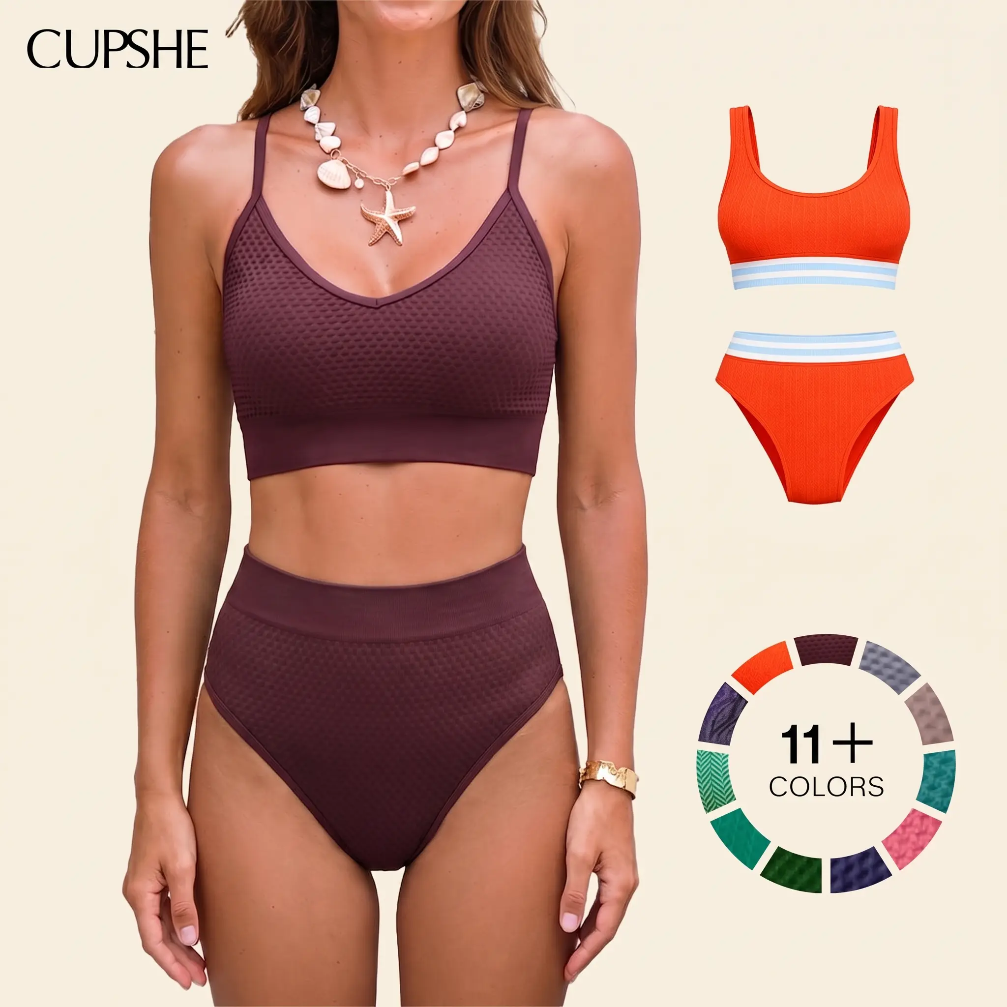 Cupshe Women's Cocoa Brown High-Waisted Bikini Set, Supportive 2-Piece Swimsuit with Diamond Neckline and Tummy-Smoothing Nylon Blend, 2 Piece Sets, Bikini Sets #tiktokshopbacktoschool