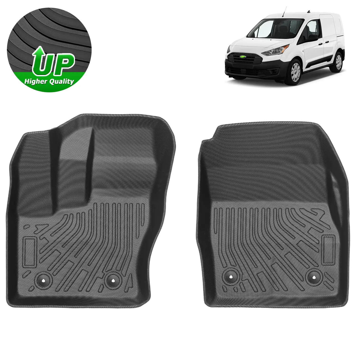 Custom Fit Front Floor Mats for 2014-2021 Ford Transit Connect with Vinyl Flooring and Floor Posts Only, All Weather Floor Liners Durable 1st Row Set Black