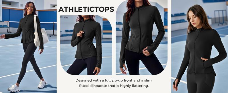 Fisoew Sports Women's Zippered Sports Jacket, Pleated Lightweight Slim Fit  Stand Collar with Thumbhole Pockets,Valentine's Day Gift Recommendations