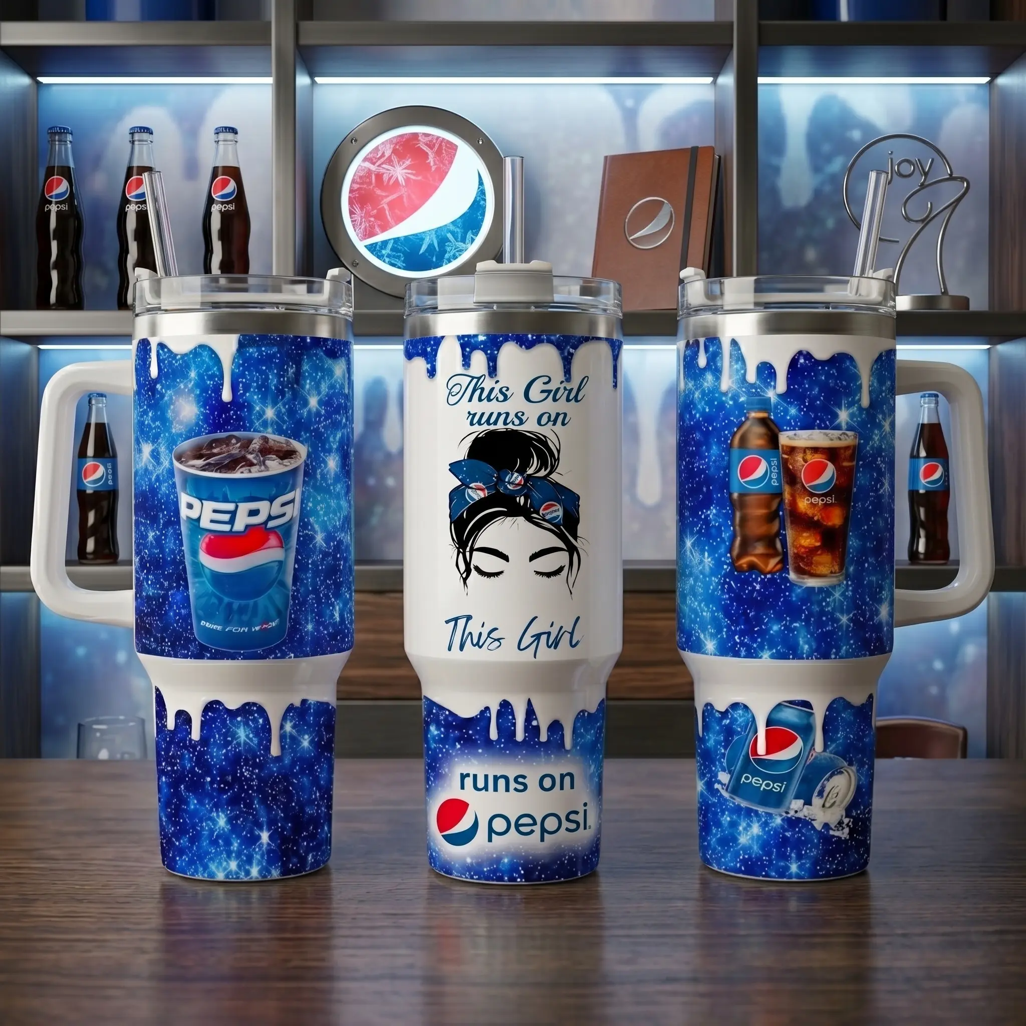 Pepsi 40oz Insulated Tumbler With Handle & Straw, This Girl Runs On Pepsi Glitter Tumbler, Blue Galaxy Sparkle Stainless Steel Travel Mug, Cute Soda Lover Cup, Pepsi Fan Gift, Trendy Beverage Drinkware For Women