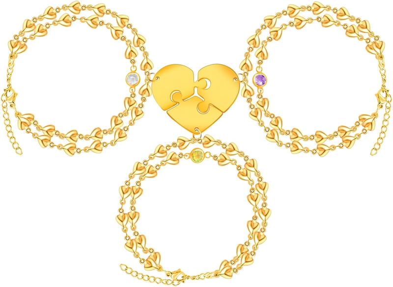 Uloveido Personalized 3 Pieces BFF Heart Puzzle Bracelets with 3 Gift Boxes – Custom Name Stainless Steel Matching Friendship Bracelets for 3 Best Friends
