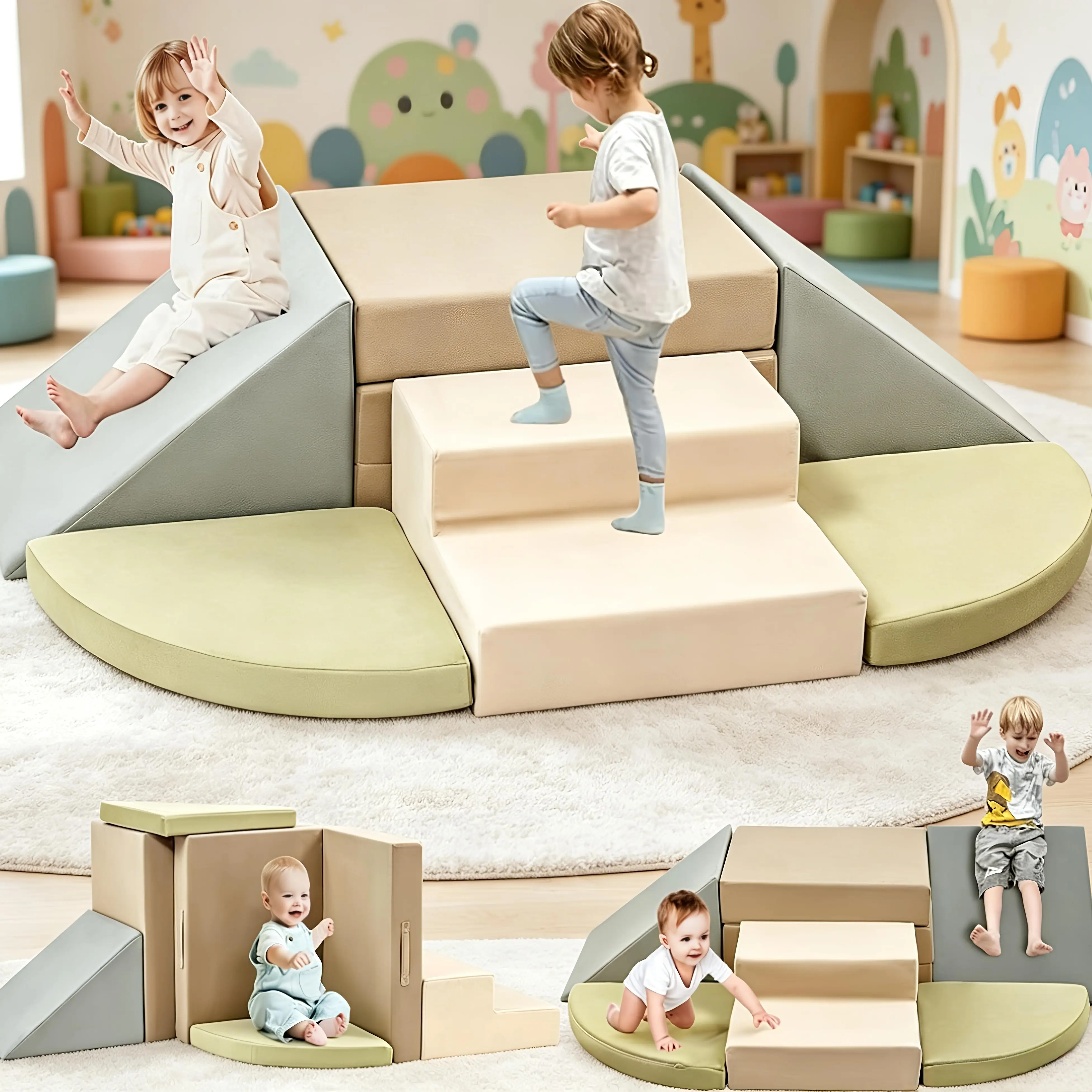WINZOO 6-Piece Soft Play Set, Thick Foam Climbing Blocks & Indoor Infant Play Gym for Toddlers 1-3 Years Old, Crawling & Sliding Equipment, Foam Blocks, Play Mats