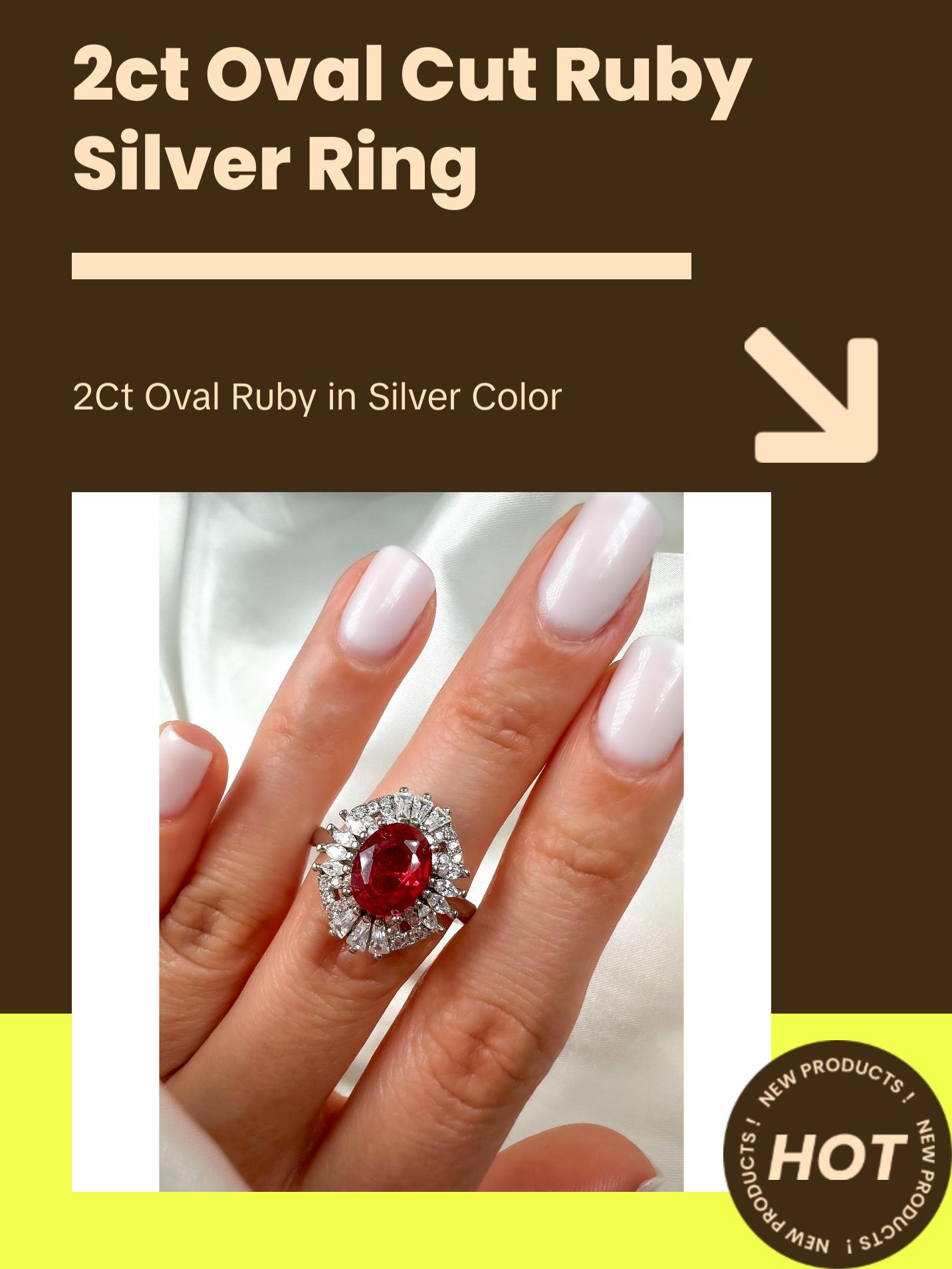 2 Ct Oval Cut Ruby Statement Silver Ring, Size 8.25