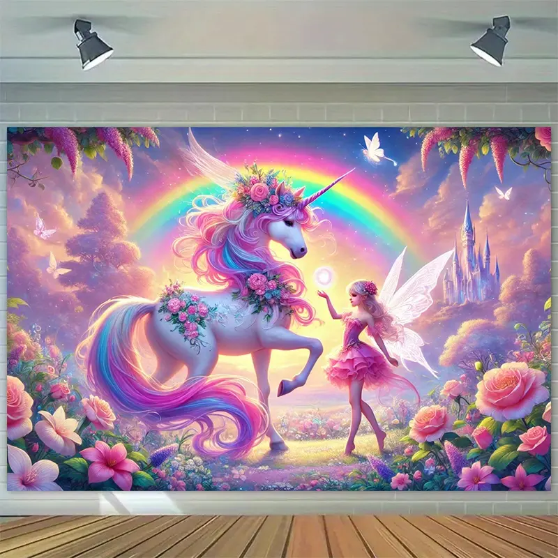 [1pc Unicorn Tapestry] Vibrant Polyester 1pc Enchanted Unicorn & Fairy Tapestry Backdrop |       Rainbow, Flowers, and Magical Forest Scene for Indoor/Outdoor Party Decor, Birthday, and Holiday Celebrations, Unicorn Birthday Party Supplies
