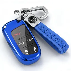 Compatible With Jeep Key Fob Cover With Leather Keychain Soft TPU Protection Key Case For Grand Cherokee Renegade Chrysler 200 300 Dodge RAM Durango Challenger Journey Dart Fiat Smart Key