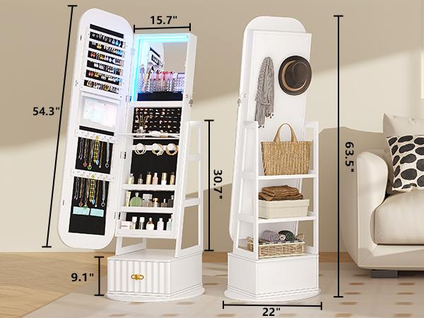 Miuvanity Round-Corner Design Full-Length Mirror with 360° Swivel & LED-Lit Features, Bottom Drawer Storage, Lockable Design living room decor