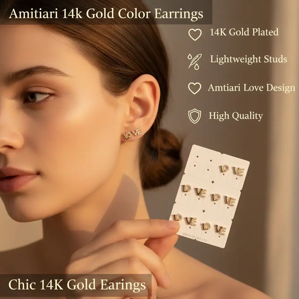 Amtiari Love Earrings – High Quality 14K Gold Plated Lightweight Studs for Daily Use