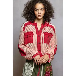 POL Texture Woven Button Down Hooded Shirt with Drawstring Hem