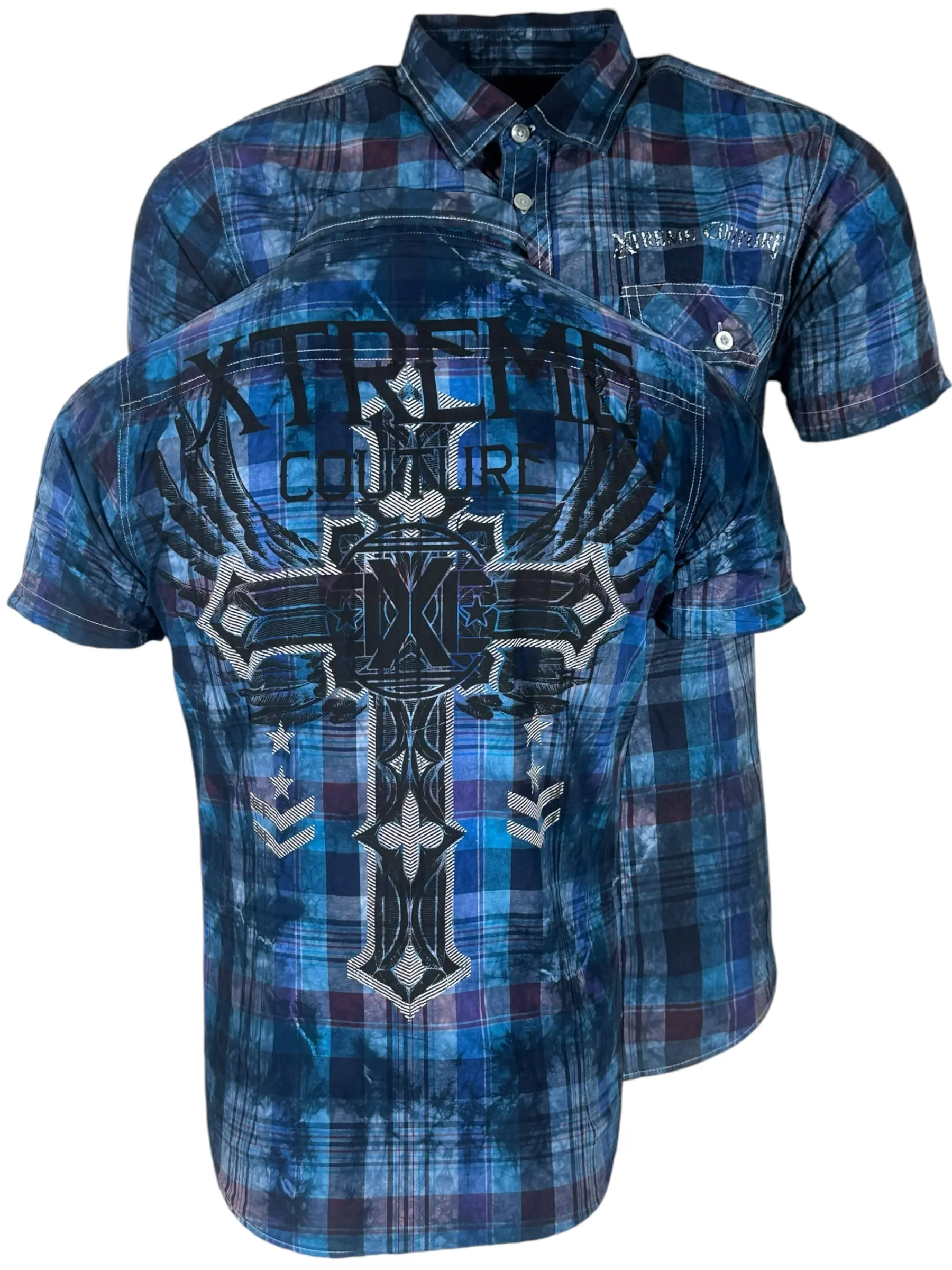 Xtreme Couture Men's Faith & Trust Short-Sleeve T-Shirt - Casual Cotton Crew Neck Graphic Tee with Blue Lava Wash