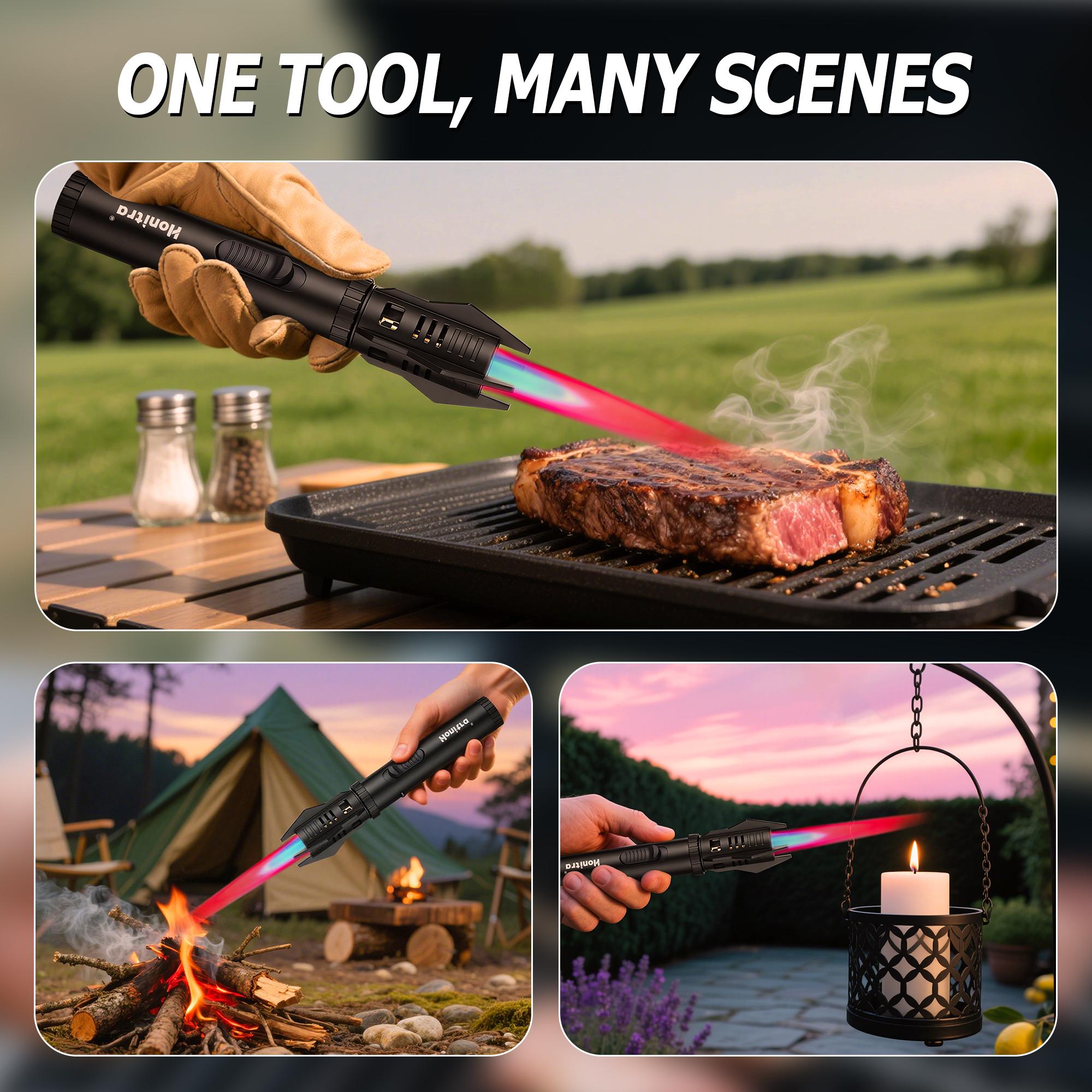 Butane Lighters Adjustable Jet Flame Torch Lighters Windproof 8" Portable Lighter Candle Campfires BBQs Kitchen (Butane Not Included) Black Decor Gift Lightweight Metal